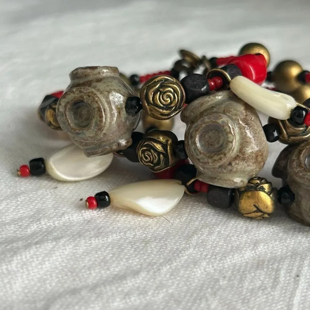 Ceramic Glass and Shell Beaded Memory Wire Bracelet